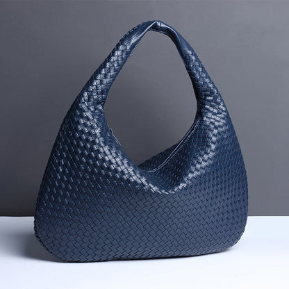 NNEDSZ Dark Blue Elegant Woven PU Leather Hobo Bag - Stylish Large-Capacity Shoulder Handbag for Women