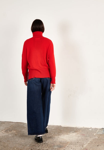 Pull col montant femme en cachemire rouge & blanc écru - HANA 14