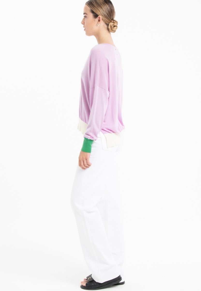 Pull col V femme en cachemire & laine ultrafin lavande & vert & blanc  - KELLY 10