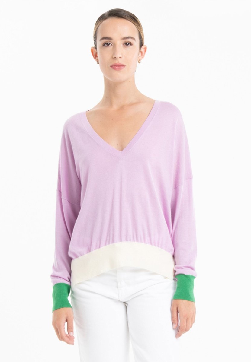 Pull col V femme en cachemire & laine ultrafin lavande & vert & blanc  - KELLY 10