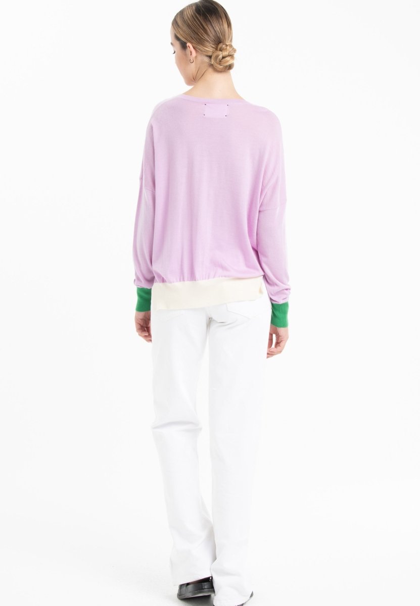 Pull col V femme en cachemire & laine ultrafin lavande & vert & blanc  - KELLY 10