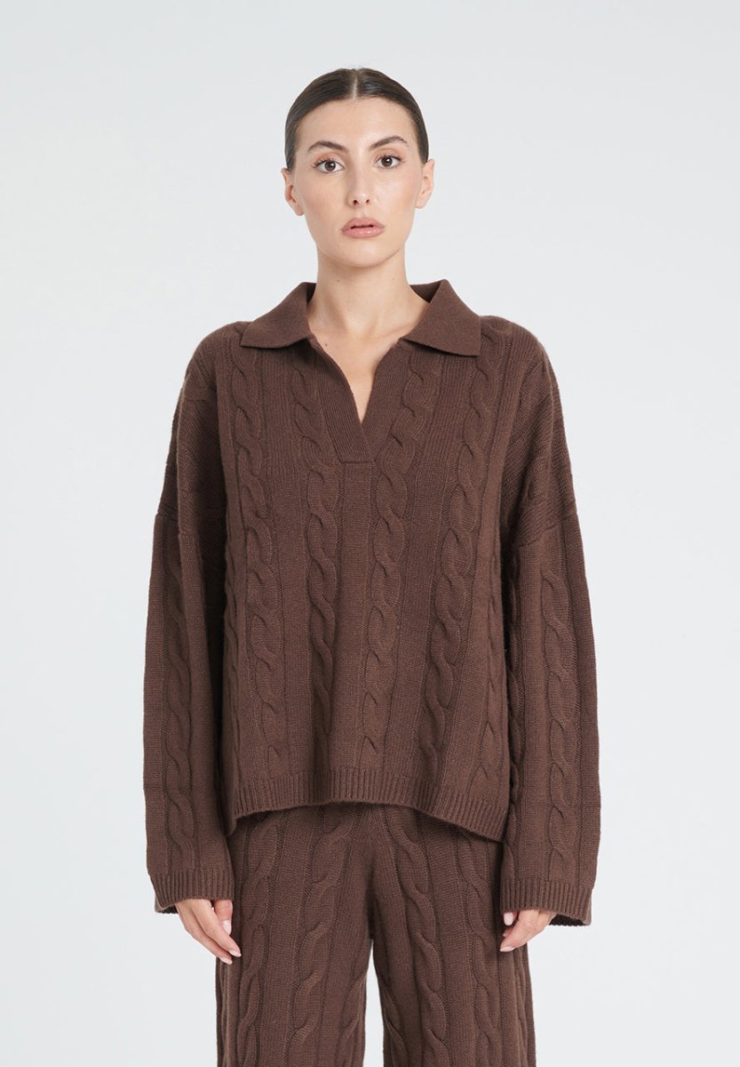 Polo manches longues femme en cachemire 6 fils marron - ZAYA 5
