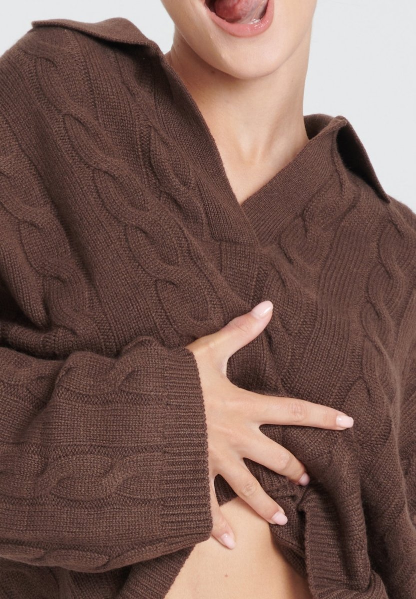 Polo manches longues femme en cachemire 6 fils marron - ZAYA 5